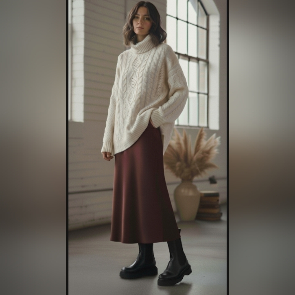Zara Burgundy Maroon Silky Viscose Boho Casual Flowy Comfy Classic Maxi Skirt